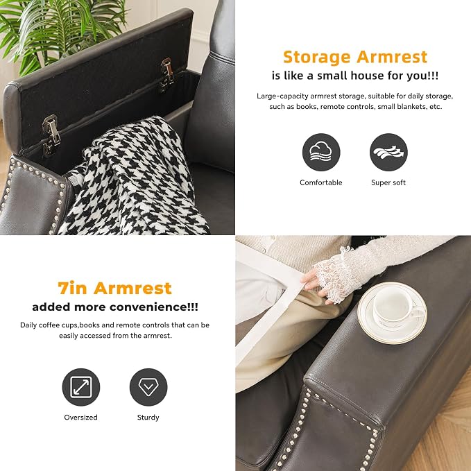 85'' Faux Leather Couch with Armrest Organizer,Sectional Sofa with Storage Movable Ottoman,Solid Wooden Frame,Thick Cushion,3 Seater L Shaped Couches for Living Room,Apartment,Home Furniture,Gray