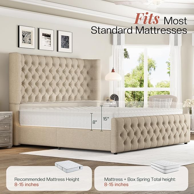Jocisland California King Size Upholstered Bed Frame with 6.3-Inch Curved Wingback Headboard, Tufted Footboard, Wood Slats, No Box Spring Needed, Khaki Linen
