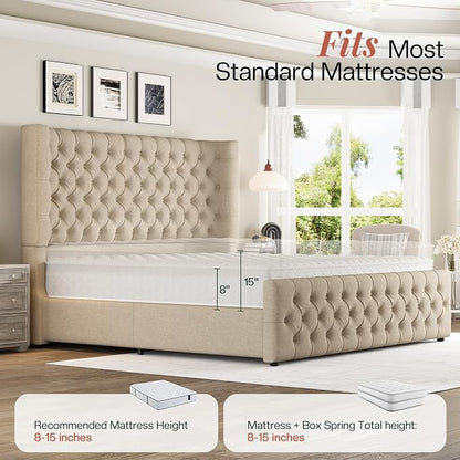 Jocisland California King Size Upholstered Bed Frame with 6.3-Inch Curved Wingback Headboard, Tufted Footboard, Wood Slats, No Box Spring Needed, Khaki Linen