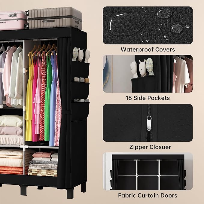 Portable Closet Wardrobe Closet for Hanging Clothes with 3 Hanging Rods for Bedroom, Non-Woven Fabric Clothes Closet for Living Room Easy Assemble (Black, 3 Columns, 51.2 inch Width)