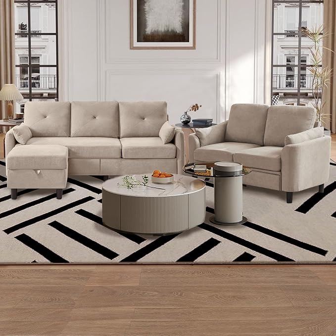 Convertible Sectional Couch Set, 77" L Shaped Sofa with Ottoman and 57" Loveseat, Modern Couches for Living Room, Apartment and Office, Beige