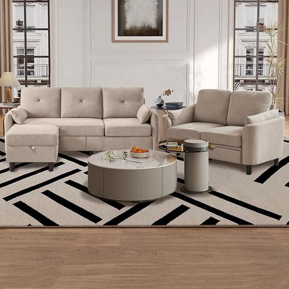 Convertible Sectional Couch Set, 77" L Shaped Sofa with Ottoman and 57" Loveseat, Modern Couches for Living Room, Apartment and Office, Beige