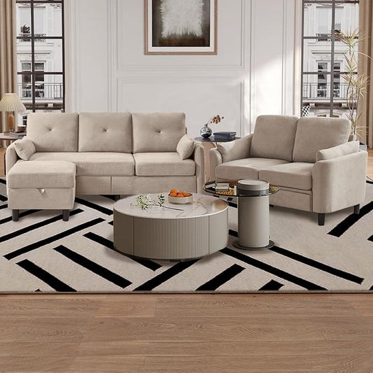 Convertible Sectional Couch Set, 77" L Shaped Sofa with Ottoman and 57" Loveseat, Modern Couches for Living Room, Apartment and Office, Beige