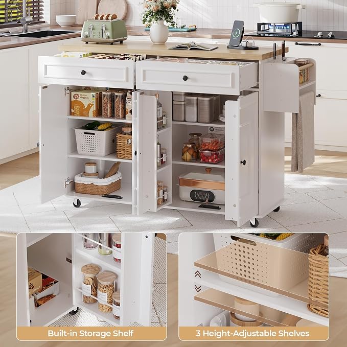 58 Inch Kitchen Island with Storage Cabinet, Island Table for Kitchen, Rolling Islands Cart with Power Outlet, Adjustable Shelves, Drawers, Spice and Towel & Knife Racks, White
