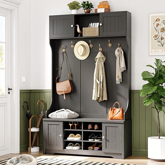 ONBRILL 78.7" Hall Tree with Bench and Storage, Entryway Bench with Coat Rack, 10 Cubbies with Adjustable Shelves & 7 Coat Hooks for Hallway, Entryway, Black