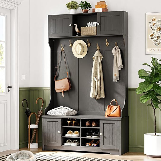 ONBRILL 78.7" Hall Tree with Bench and Storage, Entryway Bench with Coat Rack, 10 Cubbies with Adjustable Shelves & 7 Coat Hooks for Hallway, Entryway, Black