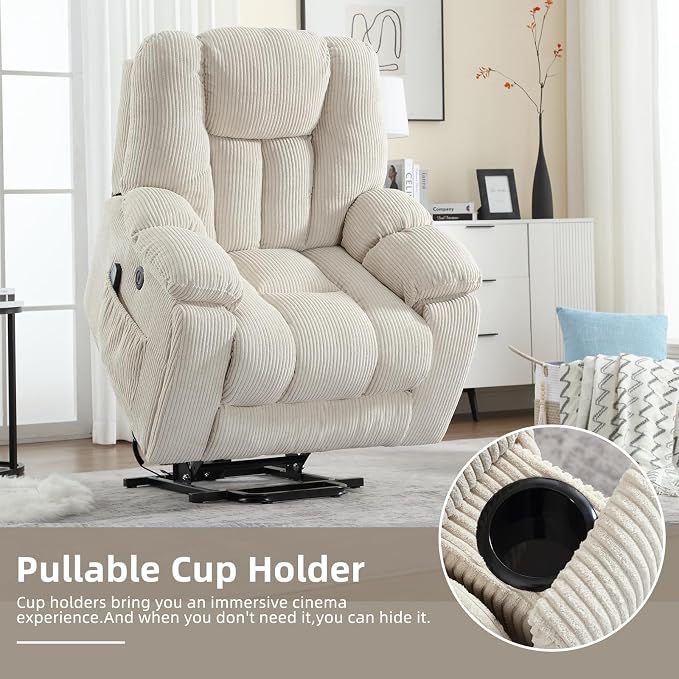 CANMOV Power Lift Recliner Chair with Massage and Heat for Elderly, Overstuffed Wide Recliners, Heavy Duty and Safety Motion Reclining Mechanism with USB Ports, 2 Concealed Cup Holders, Beige