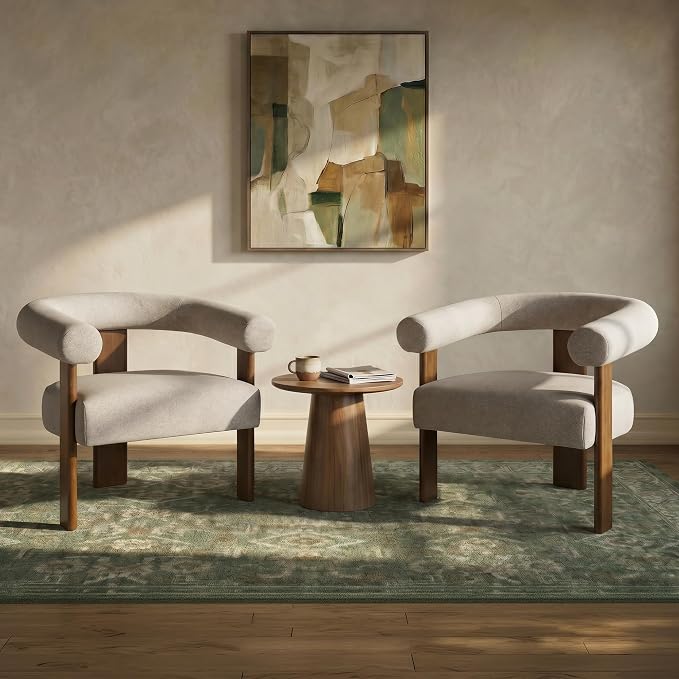 VKNOW Accent Chair, Vanity Chair with Armrests and Walnut Legs, Brown | Mohair-type Fabric, Barrel Back, Armrests, For Adults and Family, Living Room, Bedroom, Vanity, No Wobble, Easy Assembly