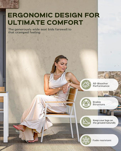 Vexwalx Outdoor Dining Chairs Set of 2, HDPS + Aluminum Patio Dining Chairs with Ergonomic Design and Wide Seat, 2 Piece Outdoor Chairs for Garden, Backyard, Deck (White-Teak)