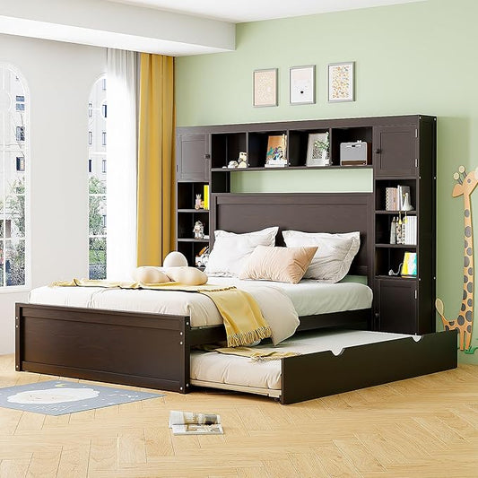 Merax Queen Size Wooden Bed with All-in-One Cabinet and Shelf, Espresso Platform Bed Frame with 2 Drawers, Trundle and Sockets
