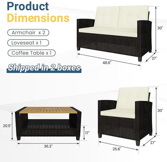 Wisteria Lane 4 Piece Patio Furniture Set, Wicker Outdoor Patio Conversation Furniture Set, All Weather Outdoor Patio Sofa with Cushion and Wood Table, Beige Wood
