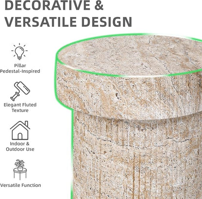 Side Table, 24" Travertine Pedestal End Table, 3-in-1 Durable Lightweight Outdoor Round Coffee Table, Decorative Patio Accent Table Fluted Garden Stool Art Decor for Balcony, Living Room, Beige