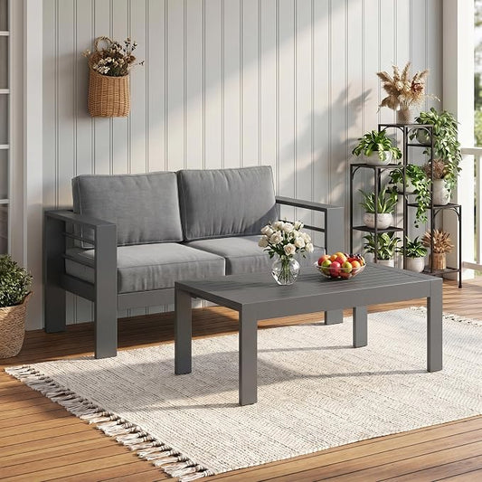 Solaste Aluminum Outdoor Loveseat with Coffee Table,2 PCS Patio Furniture Set with Cushions, All-Weather Outdoor Patio Sofa Sets for Balcony, Deck, Backyard, Porch, Garden, Dark Grey
