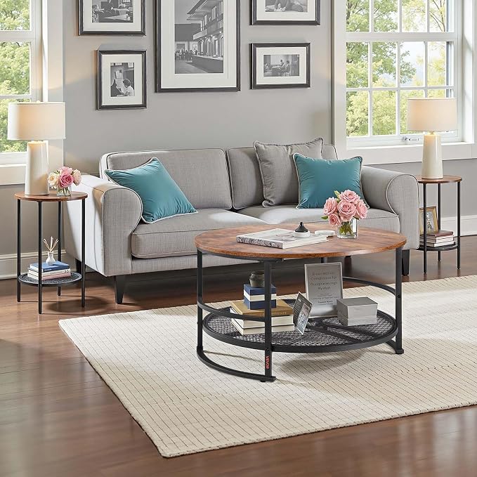 VEVOR 3 Pieces Round Coffee Table Sets, 31.5 in Industrial Living Room Table with 2 End Side Tables, Easy Assembly Coffee and End Tables Sets with Metal Legs, for Office, Living Room and Apartment