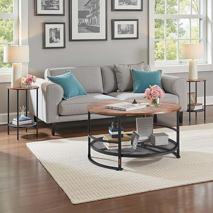 VEVOR 3 Pieces Round Coffee Table Sets, 31.5 in Industrial Living Room Table with 2 End Side Tables, Easy Assembly Coffee and End Tables Sets with Metal Legs, for Office, Living Room and Apartment