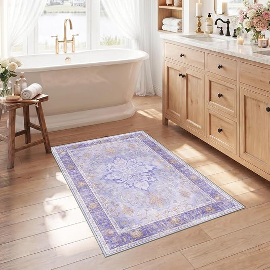 RELEANY Area Rugs Small 2'6"x4' Washable Non-Slip, Floral Vintage Distress Medallion Carpet for Kitchen Entryway Bathroom, Light Purple Brown
