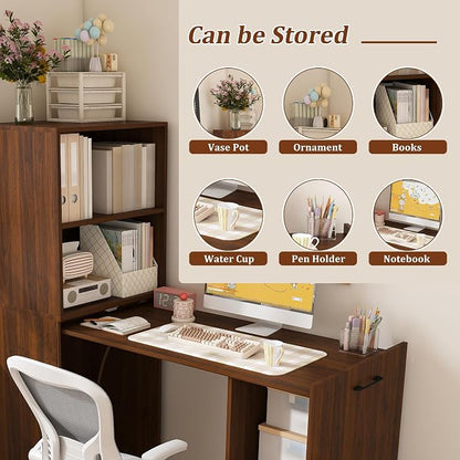 KEIKI Home Office Stretchable Desks with Storage Shelves and Mobile Wheels, Modern Wood Foldable Desk Gaming Computer Corner Table for Apartments Work, Study, Writing