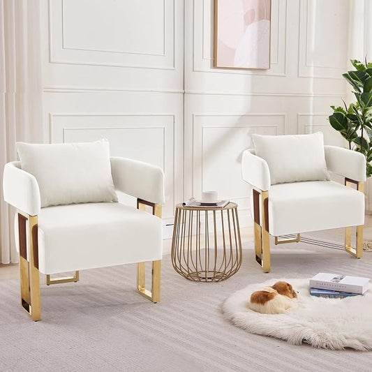 YISHENG Modern Barrel Accent Chairs Set of 2, Living Room Side Chairs with Golden Metal Legs Velvet Upholstered Reading Armchairs no Wheels for Vanity/Reception Room//Bedroom/Lounge/Office, White
