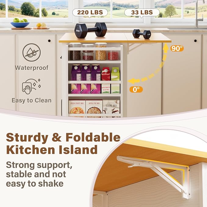 YESHOMY Kitchen Island on Wheels with Trash Cabinet, 56" Mobile Cart with Drop Leaf and Drawers, Rolling Portable Table with Spice Rack & Towel Holder for Dining Room, White & Brown