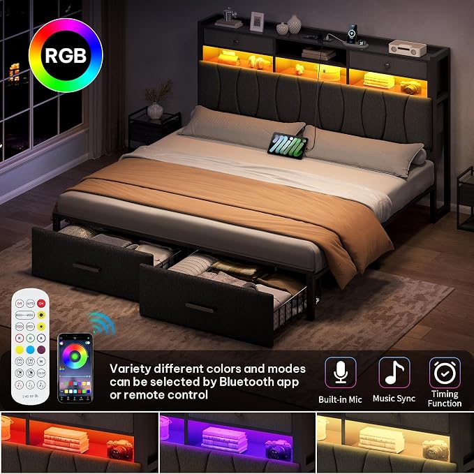 YITAHOME King Size with 2 Storage Drawers and Charging Station, Linen Upholstered Platform Bed with Storage Headboard and LED Light, Heavy Duty Metal Support, No Box Spring Needed, Noise Free, Grey