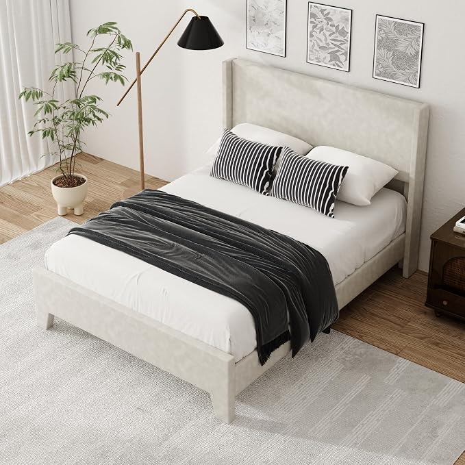 Full Size Bed Frame with Faux Leather Upholstered Headboard, Wear-Resistant, Easy Clean, Mattress Foundation, No Box Spring Required, Easy Assembly, Beige