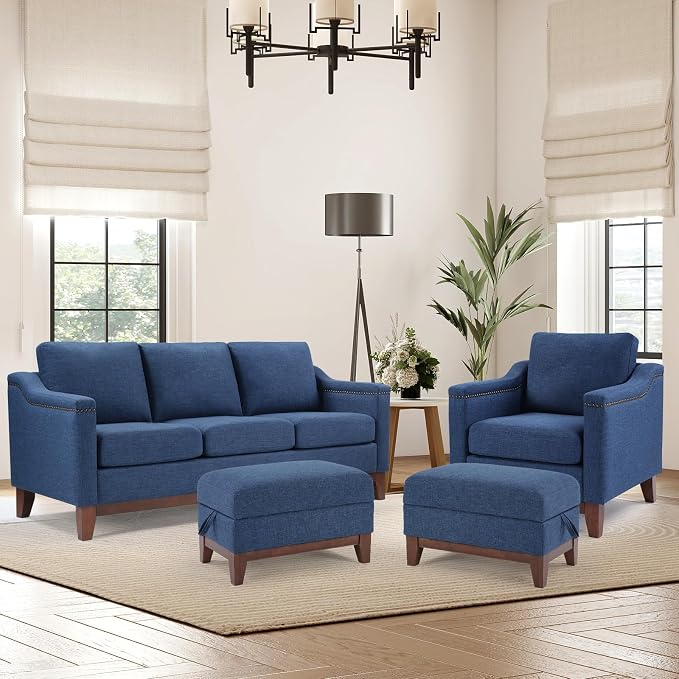 HAOMARKETS 4 Piece Fabric Sofa Set with Nailhead Trim, Included Single Accent Chair, 3-Seater Sofa Couches with Thicked Cushion and 2 Storage Ottoman with Flip-Top Table for Living Room, Blue