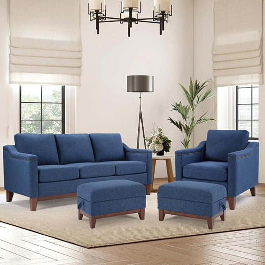 HAOMARKETS 4 Piece Fabric Sofa Set with Nailhead Trim, Included Single Accent Chair, 3-Seater Sofa Couches with Thicked Cushion and 2 Storage Ottoman with Flip-Top Table for Living Room, Blue