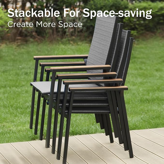 PHI VILLA Patio Dining Set for 6 Person, Patio Table and Chairs for 6, Lightweight Stackable Chairs with Breathable Fabric and Elongated Metal Table for Garden Yard Deck, Grey