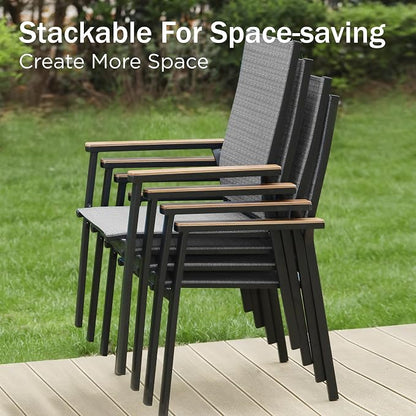 PHI VILLA Patio Dining Set for 6, Large Metal Dining Table with & 6 Outdoor Aluminum Stackable Chairs, Lightweight and Breathable Fabric, Outdoor Dining Set for Deck Porch, Grey