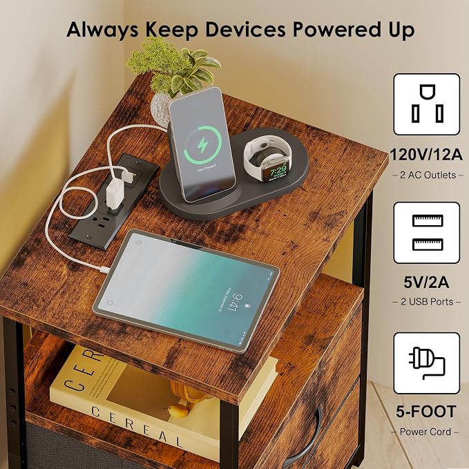Fixwal Night Stand with Charging Station, LED Nightstand with U-S-B Ports and Outlets, 2 Fabric Storage Drawers with PU Finish, Bedside Table, Rustic Brown