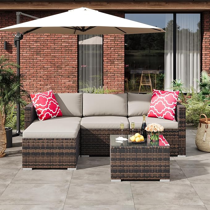 5-Piece Outdoor Sectional Sofa Set, All-Weather PE Rattan Patio Furniture with Ottoman & Tempered Glass Table, Convertible Garden Couch for Backyard, Porch, Poolside (Brown/Light Gray)
