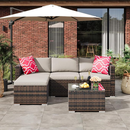 5 Piece Outdoor Patio Furniture Set, Rattan Deck Conversation Sofa Set with Non-Slip Cushions, All-Weather Sectional Sofa with Glass Storage Table and Balcony Footstool, Poolside, Garden, Brown+Gray