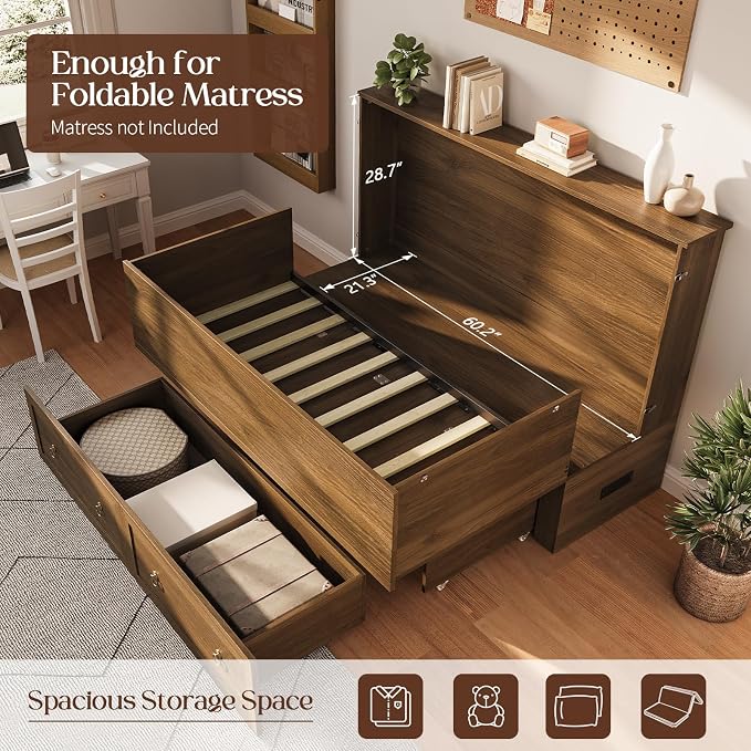Yoobure Queen Murphy Bed with Charging Station - Rattan Queen Bed Frame with Storage Drawers, Wood Cabinet Beds for Guest Bedroom, Living Room, Office, Farmhouse Hideaway Beds with Foldable Platform