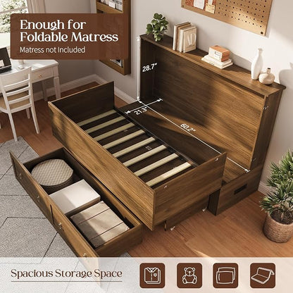 Yoobure Queen Murphy Bed with Charging Station - Rattan Queen Bed Frame with Storage Drawers, Wood Cabinet Beds for Guest Bedroom, Living Room, Office, Farmhouse Hideaway Beds with Foldable Platform