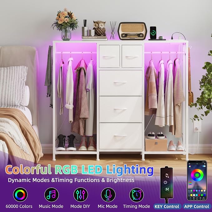 HIGDBFE 5-Drawer Dresser with 2 Hanging Racks, White, 49.2" W | LED Lights&Charging Station, Hooks, Wooden Top, Fabric Drawer, Dresser TV Stand for Bedroom, Dorm