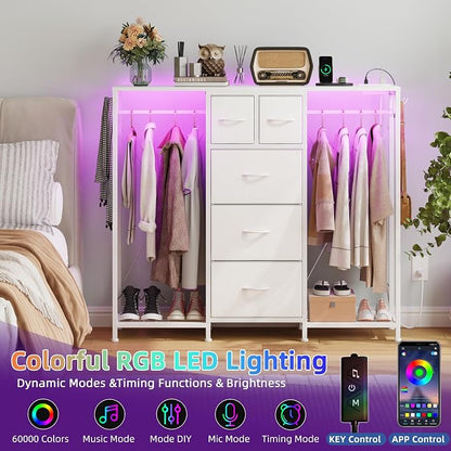 HIGDBFE 5-Drawer Dresser with 2 Hanging Racks, White, 49.2" W | LED Lights&Charging Station, Hooks, Wooden Top, Fabric Drawer, Dresser TV Stand for Bedroom, Dorm