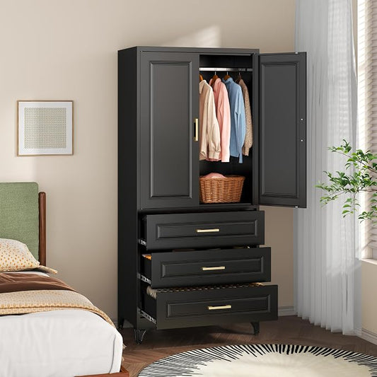 SteeLoong 71" Metal Armoire Wardrobe Closet with 3 Drawer，Tall Clothing Storage Cabinet with Adjustable Shelves and Hanging Rod,Black Wardrobe Closet for Bedroom,Home,Office,Gym