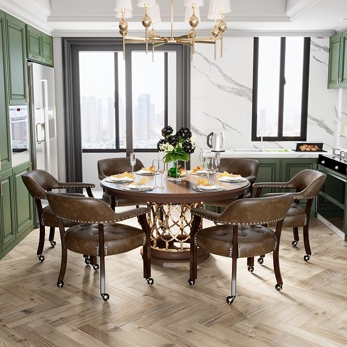 LEEMTORIG Set of 6 Large Dining Chairs with Casters and Arms, Rolling Dining Chairs with Wheels, Wood Boss Caption's Chairs, 26" D x 25.2" W x 31.5" H, Espresso Legs & Choalate PU, XXY-1910-BN