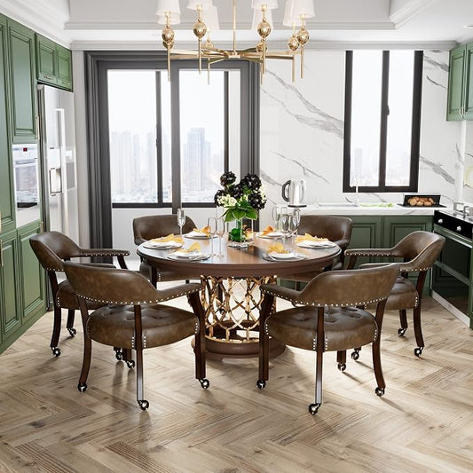 LEEMTORIG Set of 6 Large Dining Chairs with Casters and Arms, Rolling Dining Chairs with Wheels, Wood Boss Caption's Chairs, 26" D x 25.2" W x 31.5" H, Espresso Legs & Choalate PU, XXY-1910-BN