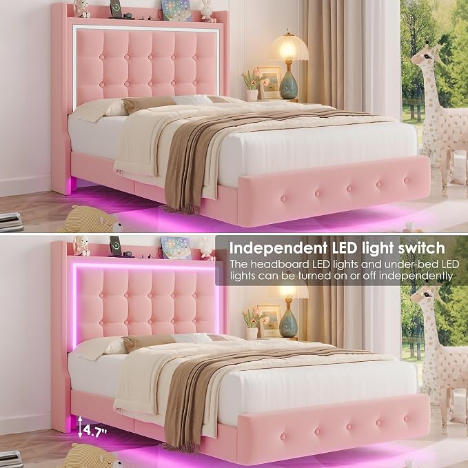 Keyluv Twin Floating Bed Frame with Storage Headboard, LED Lights & Charging Station Platform Bed, Soft Upholstered Velvet, USB/Type-C Ports, Easy Assembly, Pink