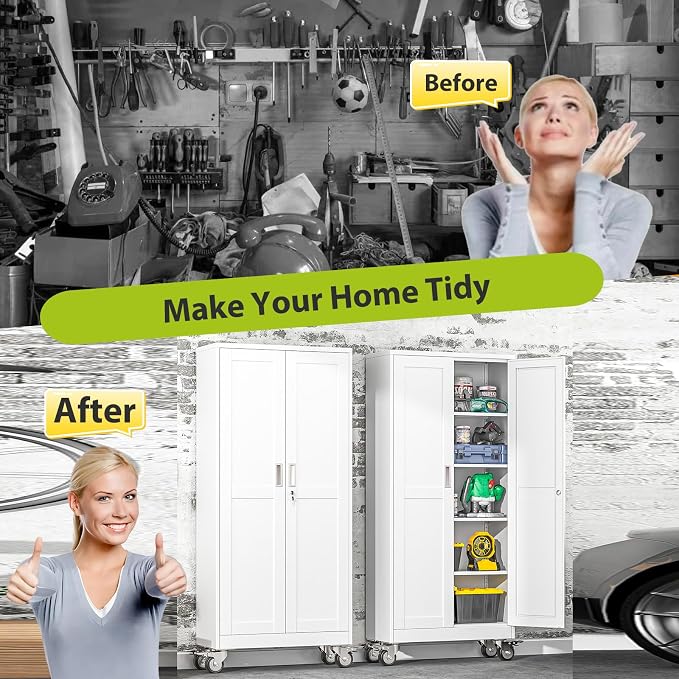 74.8" H Metal Garage Storage Cabinet with Doors and Shelves, Rolling Storage Cabinet with Lock, Steel Cabinets on Wheels, Large Tool Locker for Garage, Home Office, Shop, White