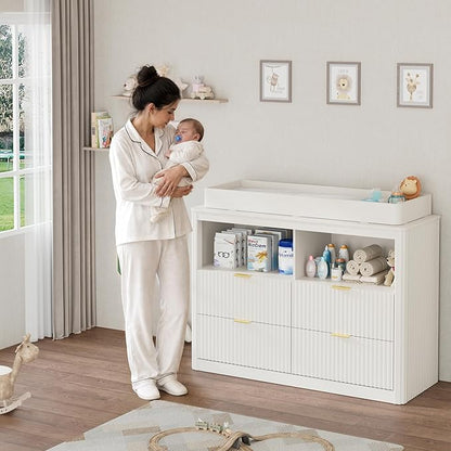Nursery Dresser, 4 Large Drawers Wood Baby Changing Dresser with Raised and Detachable Changing Table Top, Fluted Chest with Gold Handles, Baby Storage Organizer for Kids Bedroom, Nursery Room, White