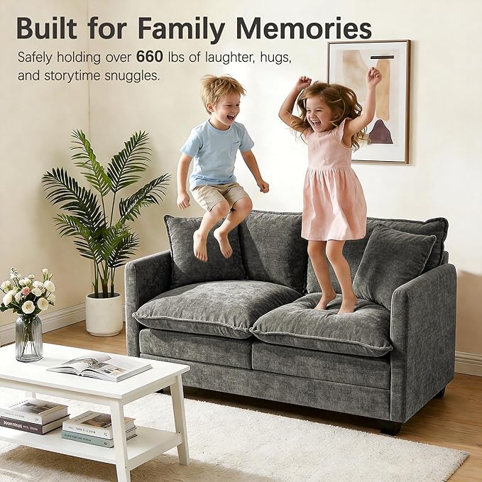 52" Loveseat Sofa, Modern Love Seat Couches, Small Loveseat for Small Spaces, Comfy Chenille Deep Seat Cloud Loveseat with 2 Pillows for Living Room, Bedroom,Apartment and Office, Grey