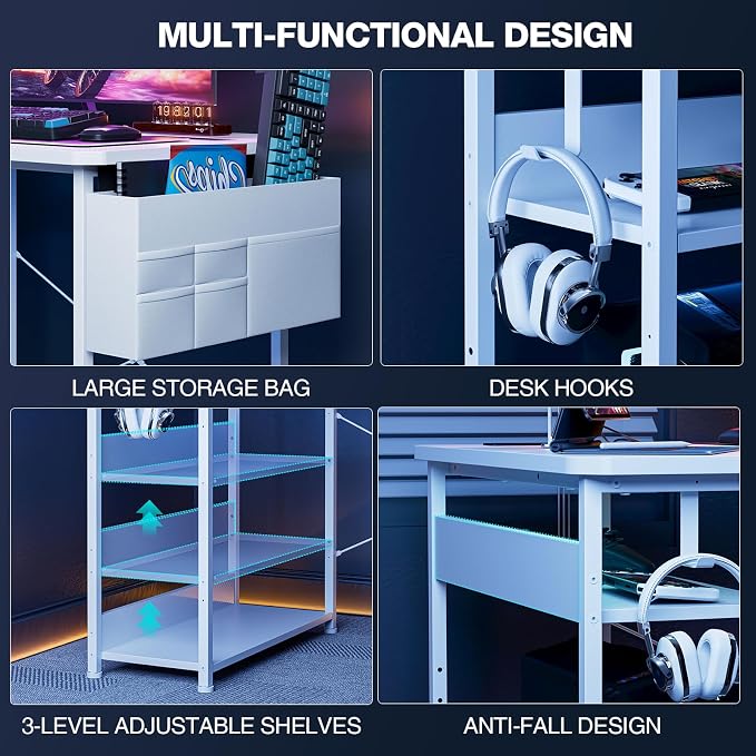 Acrolix L Shaped Gaming Desk 48 Inch - Computer Corner Desk with Power Outlets, Reversible Shelves & Storage Bag for Home Office, PC Gaming Table, White Carbon