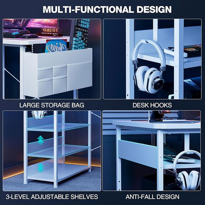 Acrolix L Shaped Gaming Desk 48 Inch - Computer Corner Desk with Power Outlets, Reversible Shelves & Storage Bag for Home Office, PC Gaming Table, White Carbon