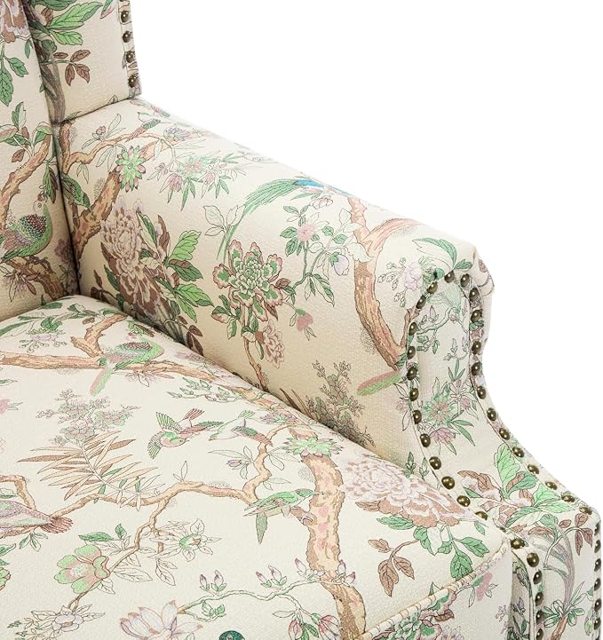 High Back Accent Chairs Set of 2, Fabric Upholstered Armchair Floral Wingback Chair for Living Room, Comfy Single Sofa Solid Wood Legs Bedroom Reading Seat - Pattern Bird