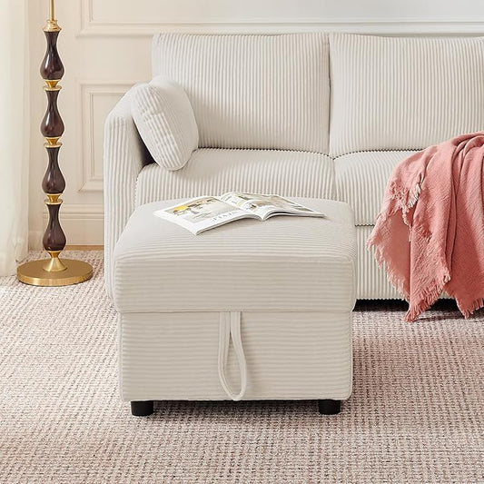 Corduroy Storage Ottoman for Living Room Sofas Couches, Square Ottoman with Storage Space Foot Rest Stool for Apartment, Dorm, Entryway, Cream White