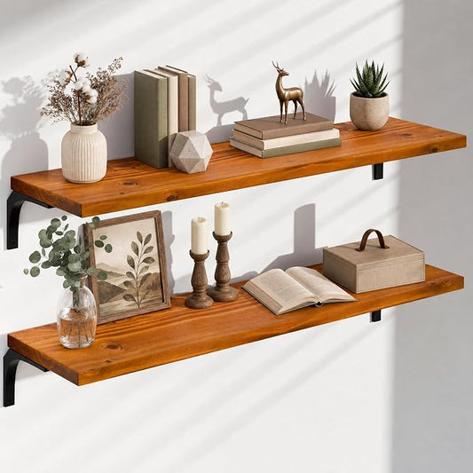 12 Inch Deep Floating Shelves Set of 2, 48 Inch Extra Wide Solid Wood Wall Shelves, 4ft Heavy Duty Farmhouse Bookshelf with 100 lbs Capacity for Living Room, Kitchen, Special Brown