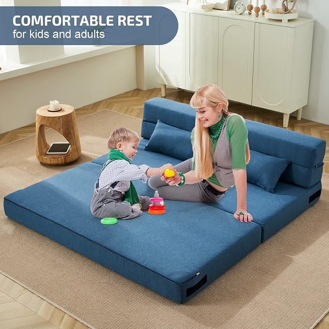 SUYOLS Folding Sofa Bed with Pillows- Convertible Chair Floor Couch & Sleeping Mattress, Foldable Memory Foam Sleeper for Living Room/Dorm/Guest Room/Home Office/Apartment/Loft, Queen, Navy Blue