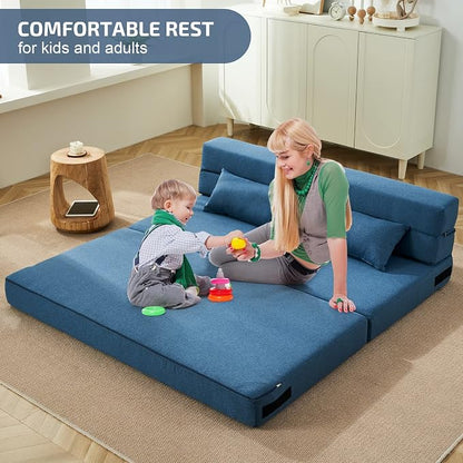 SUYOLS Folding Sofa Bed with Pillows- Convertible Chair Floor Couch & Sleeping Mattress, Foldable Memory Foam Sleeper for Living Room/Dorm/Guest Room/Home Office/Apartment/Loft, Queen, Navy Blue